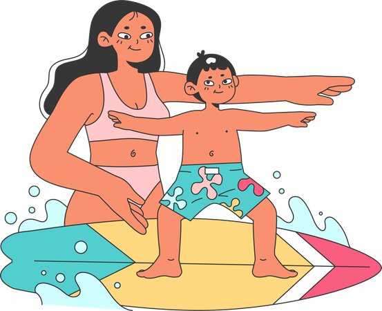 Chica enseñando surf a niño  Ilustración