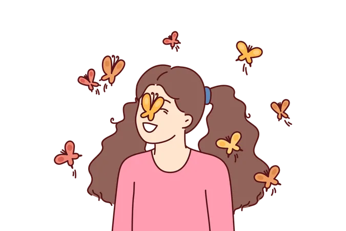 Niña entre mariposas volando y aterrizando en la cara para el humor primaveral  Ilustración