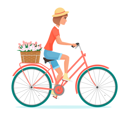 Chica entregando flores en bicicleta  Ilustración