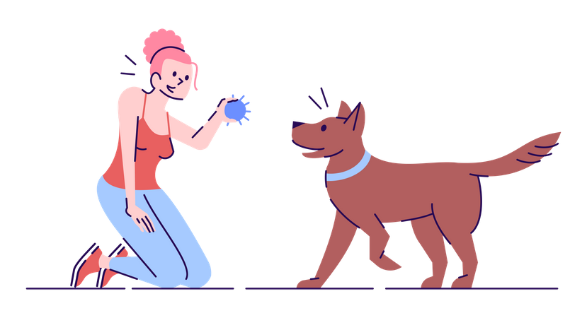 Chica dando entrenamiento con pelota a perro  Ilustración