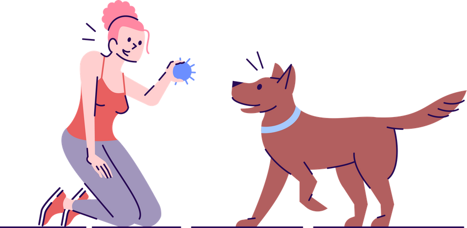 Chica dando entrenamiento con pelota a perro  Ilustración