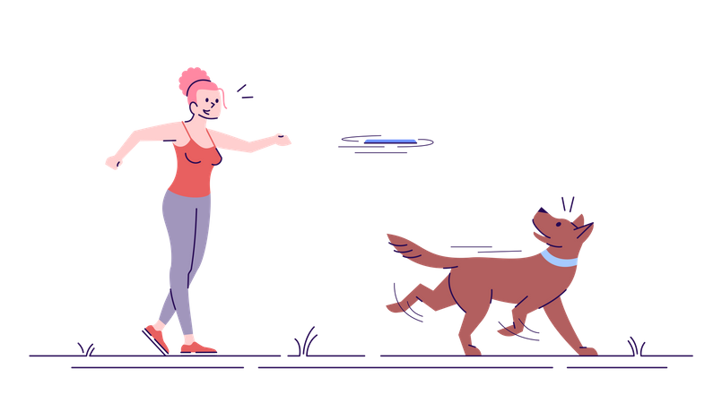 Chica dando entrenamiento de plato volador a perro  Ilustración