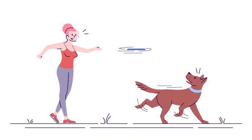 Chica dando entrenamiento de plato volador a perro  Ilustración