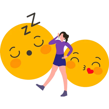 Chica enviando emojis dormidos  Ilustración