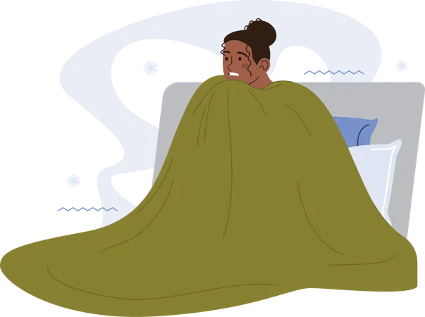 Chica envuelta en una manta mientras está sentada en la cama  Ilustración