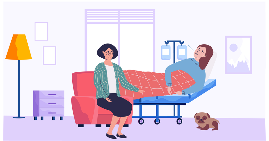 Niña envuelta en una manta mide la temperatura en el hospital  Ilustración