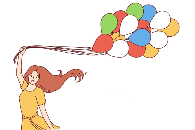 La niña es feliz mientras vuela globos.  Ilustración