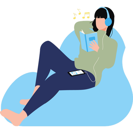 La chica escucha música mientras lee un libro.  Ilustración