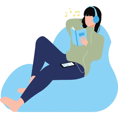 La chica escucha música mientras lee un libro.  Ilustración