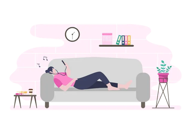 Chica escuchando música mientras está acostada en el sofá  Ilustración