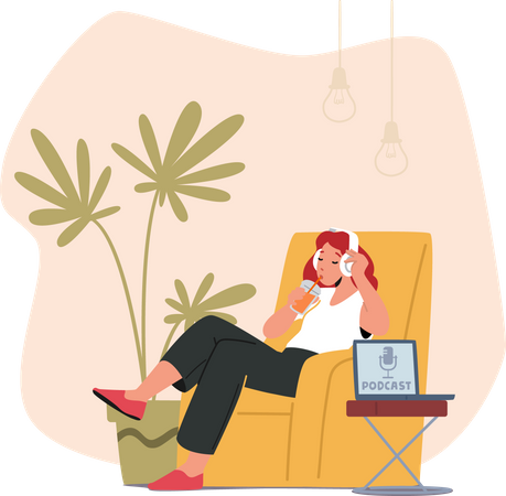 Chica escuchando podcast mientras está sentada en un sillón  Ilustración