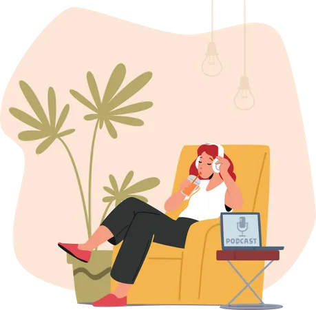 Chica escuchando podcast mientras está sentada en un sillón  Ilustración