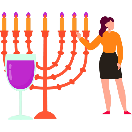 La chica está apuntando a las velas de Hanukkah.  Ilustración