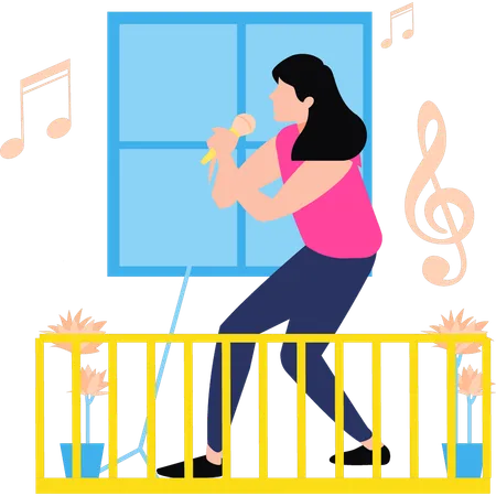 La chica canta en el balcón.  Illustration