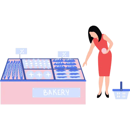 La chica está comprando productos de panadería.  Ilustración