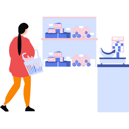 La chica está comprando productos de panadería.  Illustration