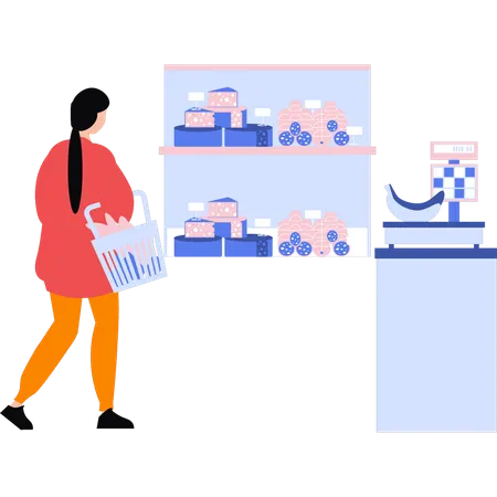 La chica está comprando productos de panadería.  Illustration