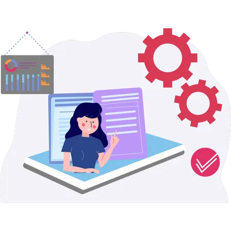 Chica cuenta en línea sobre la configuración del sistema  Ilustración