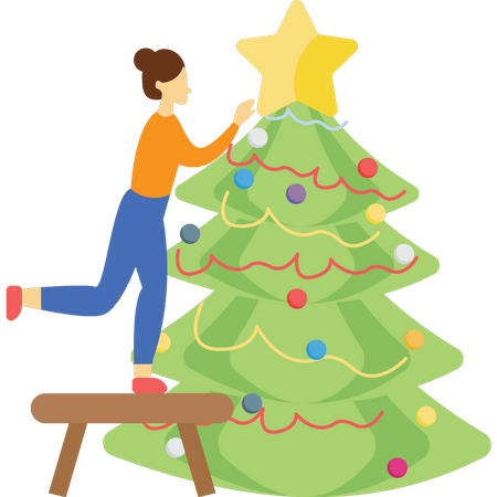 La niña está decorando el árbol de Navidad.  Ilustración