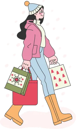 La chica disfruta de las compras navideñas  Ilustración