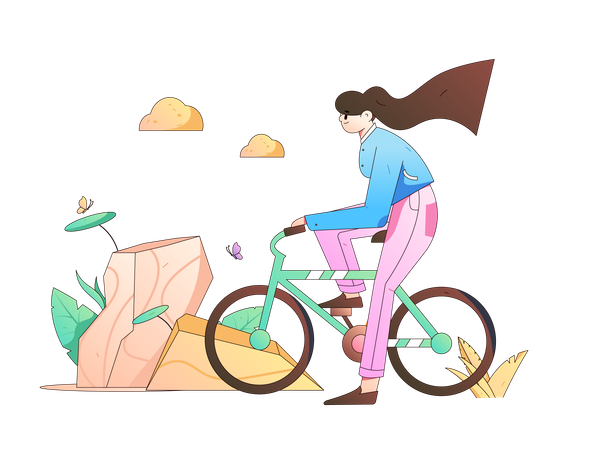 La niña encuentra el camino mientras anda en bicicleta  Ilustración