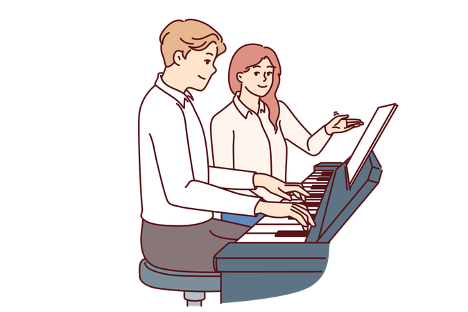 La muchacha le está enseñando piano al hombre  Ilustración