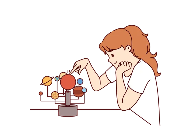 La niña está estudiando la estructura del sistema solar.  Ilustración