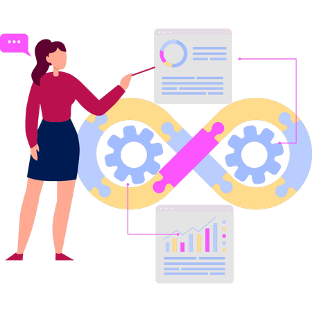 La niña explica la configuración de DevOps a través del bucle infinito.  Ilustración