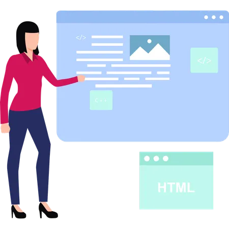 La chica está explicando sobre la codificación en una página web.  Ilustración