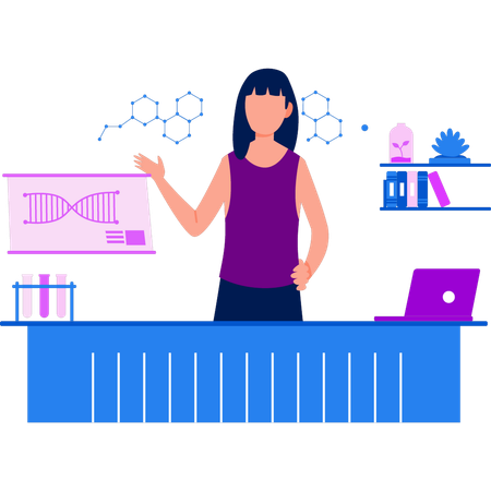 La muchacha está explicando sobre la estructura del ADN.  Ilustración