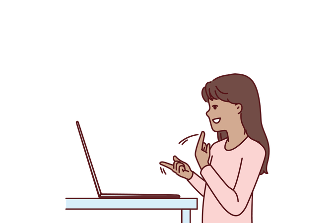 La chica está hablando en lenguaje de señas en la computadora portátil  Ilustración