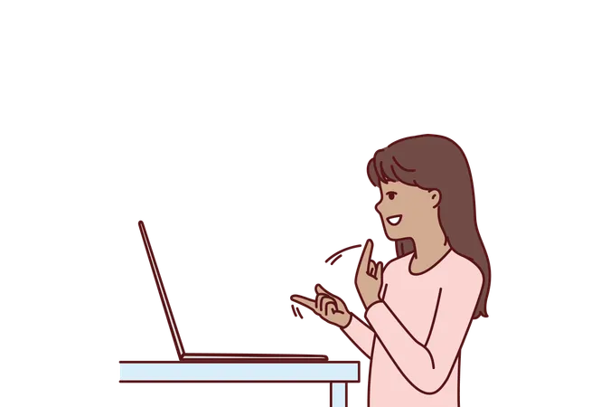 La chica está hablando en lenguaje de señas en la computadora portátil  Ilustración