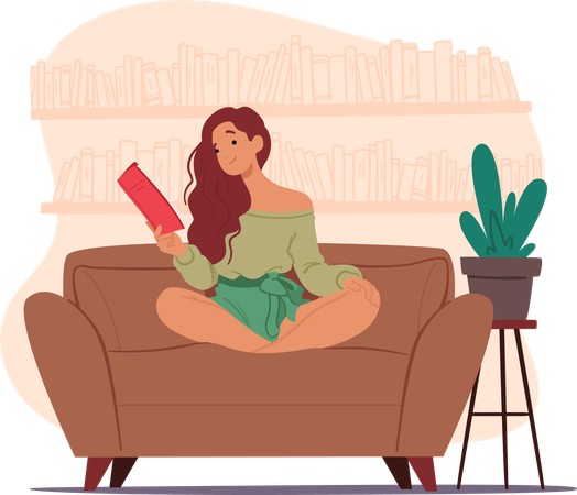 La chica está leyendo un libro mientras está sentada en el sofá  Ilustración