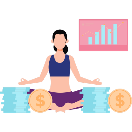 La chica está meditando mientras administra dinero.  Ilustración