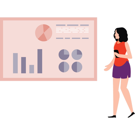 La chica está mirando diferentes gráficos circulares.  Ilustración