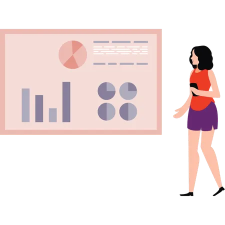 La chica está mirando diferentes gráficos circulares.  Ilustración