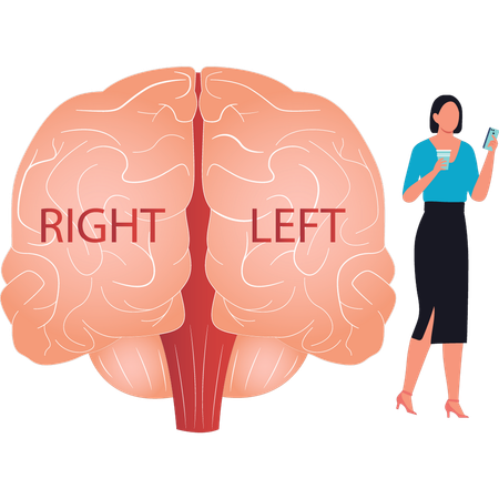 La niña mira el móvil en el lado izquierdo y derecho del cerebro.  Ilustración