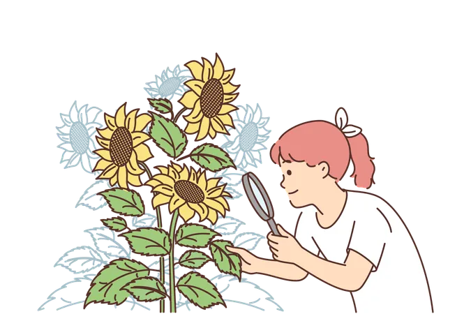 La chica está mirando los girasoles a través de una lupa.  Ilustración