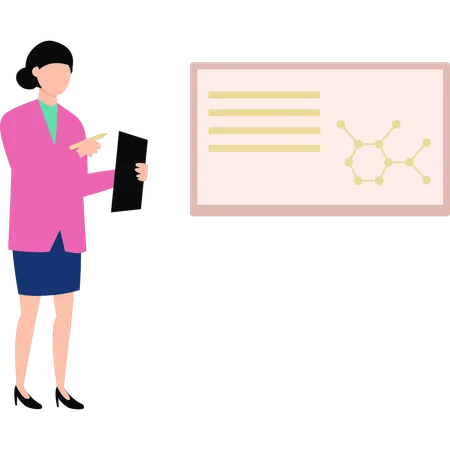 La chica está mirando la estructura de una molécula atómica.  Ilustración