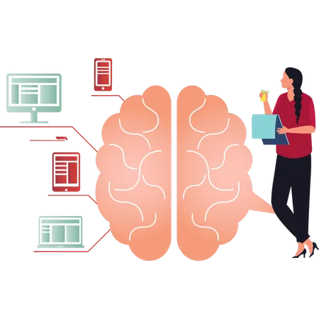 La chica está mirando las conexiones del cerebro humano.  Ilustración