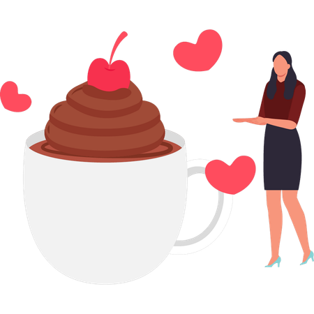 La chica está mostrando café con chocolate.  Ilustración