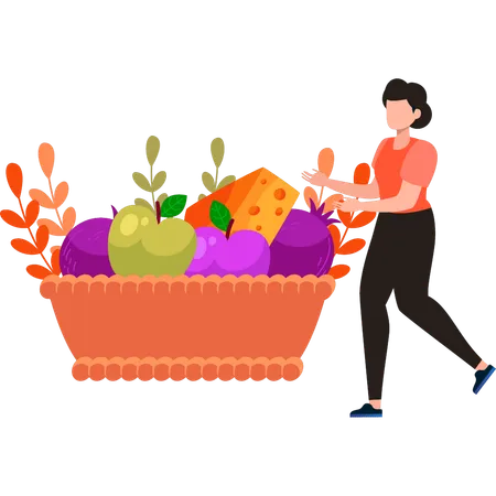 La chica está mostrando una cesta de frutas.  Ilustración