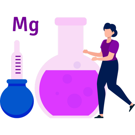 La chica muestra diferentes matraces.  Ilustración