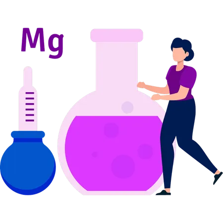 La chica muestra diferentes matraces.  Ilustración