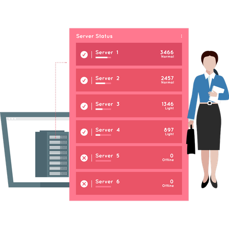 La chica muestra diferentes servidores de bases de datos.  Ilustración