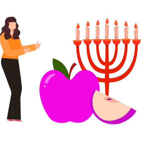 La chica está mostrando el candelabro de Hanukkah.  Ilustración