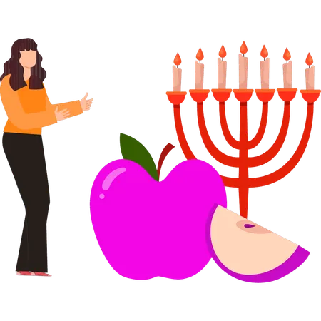 La chica está mostrando el candelabro de Hanukkah.  Ilustración