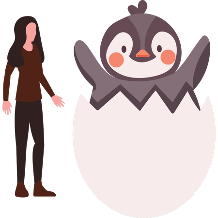 Una niña observa cómo un pingüino nace de un huevo  Ilustración