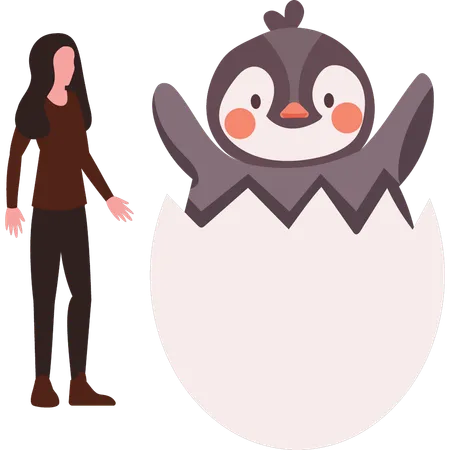 Una niña observa cómo un pingüino nace de un huevo  Ilustración