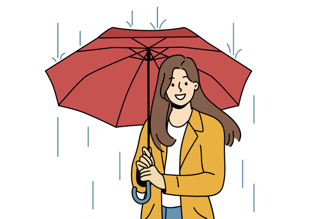 La chica está parada bajo el paraguas en temporada de lluvias  Ilustración